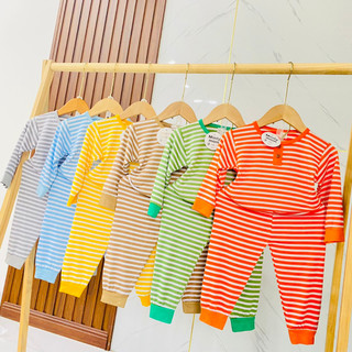 Bộ dài tay minky mom cổ viền cúc áo và quần dài kẻ thun lạnh cho bé