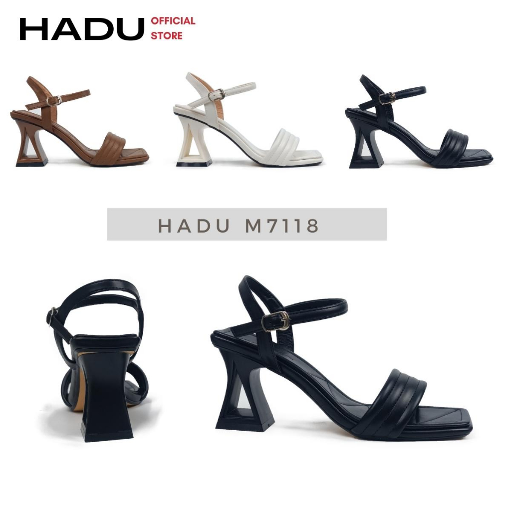 Giày Sandal Cao Gót Kiểu Tam Giác 7P Sườn Kép Quai Bản Ngang HADU M7118, BH 24 Tháng