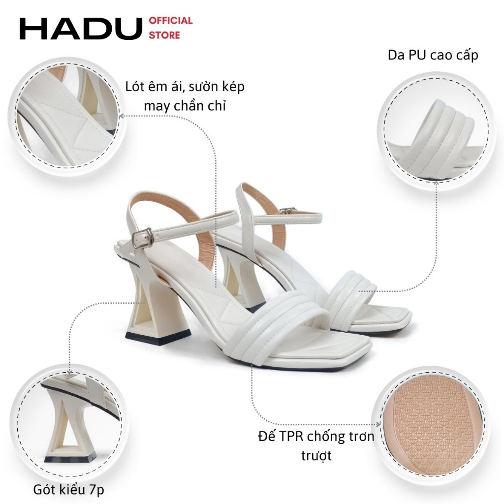 Giày Sandal Cao Gót Kiểu Tam Giác 7P Sườn Kép Quai Bản Ngang HADU M7118, BH 24 Tháng