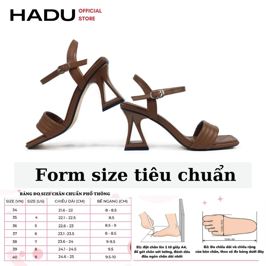 Giày Sandal Cao Gót Kiểu Tam Giác 7P Sườn Kép Quai Bản Ngang HADU M7118, BH 24 Tháng