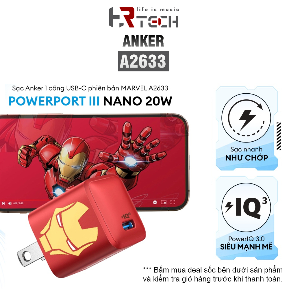 Sạc ANKER Powerport III Nano 20W 1 cổng USB-C PiQ 3.0 Tương Thích PD A2633 Phiên bản Marvel