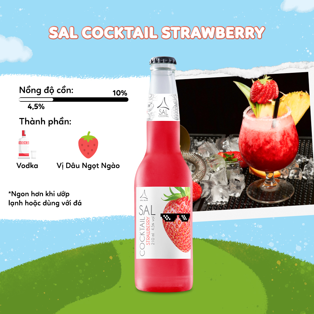 Thùng 6 chai SAL COCKTAIL STRAWBERRY Cocktail hoa quả vị dâu tây 210ml /chai