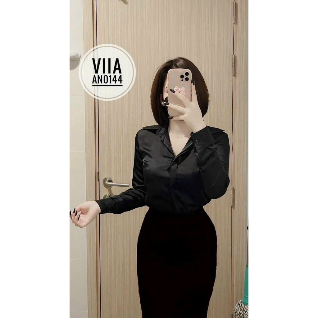 Áo lụa trơn đen sơ mi dài tay cao cấp công sở thiết kế, áo sơmi họa tiết thiết kế MQ Boutique