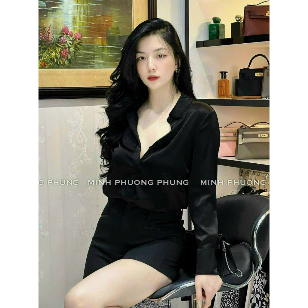 Áo lụa trơn đen sơ mi dài tay cao cấp công sở thiết kế, áo sơmi họa tiết thiết kế MQ Boutique