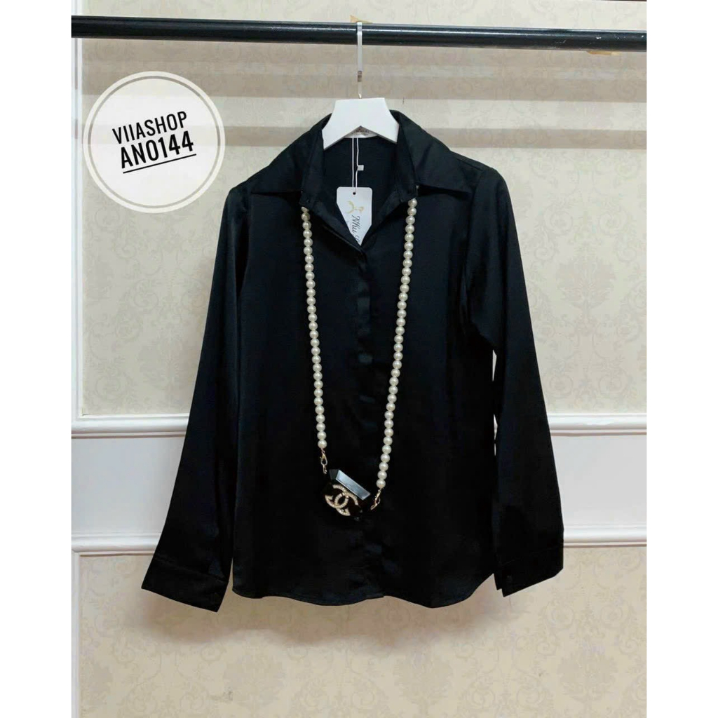 Áo lụa trơn đen sơ mi dài tay cao cấp công sở thiết kế, áo sơmi họa tiết thiết kế MQ Boutique