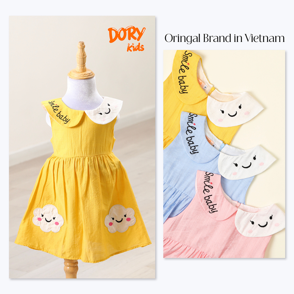 Váy cổ yếm bé gái DORYKIDS cổ thêu váy xoè chất liệu đũi cotton thoáng mát cho bé từ 1 đến 10 tuổi[101056V2102]