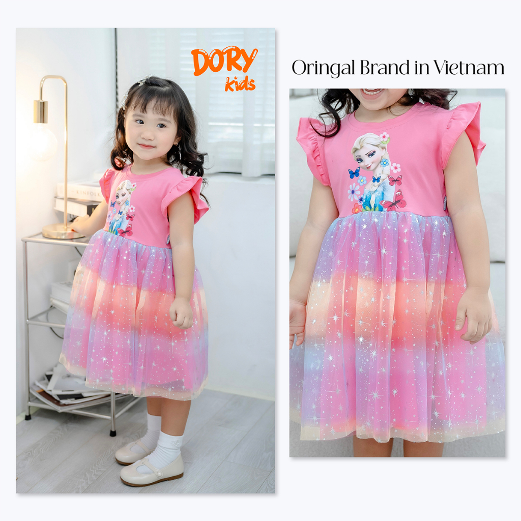 Váy xinh bé gái DORYKIDS đầm công chúa thời trang tay ngắn cầu vồng vải tuyn Frozen Elsa mùa hè cho bé trẻ em V3003