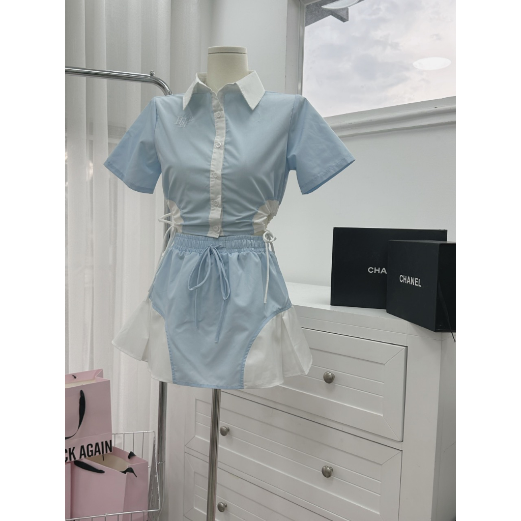 SET ÁO SƠ MI TAY NGẮN CROPTOP XANH PHỐI TRẮNG RÚT KHOÉT EO + CHÂN VÁY LƯNG THUN XANH PHỐI TRẮNG
