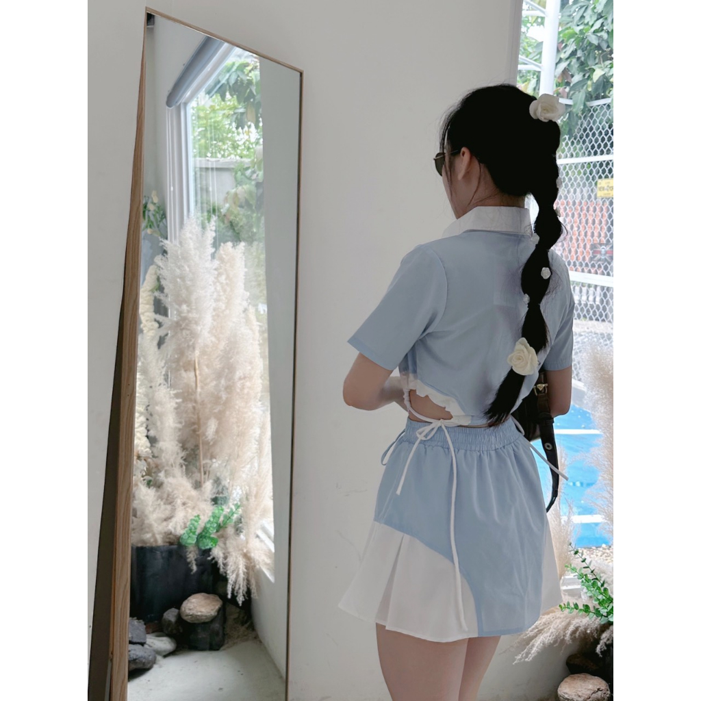 SET ÁO SƠ MI TAY NGẮN CROPTOP XANH PHỐI TRẮNG RÚT KHOÉT EO + CHÂN VÁY LƯNG THUN XANH PHỐI TRẮNG