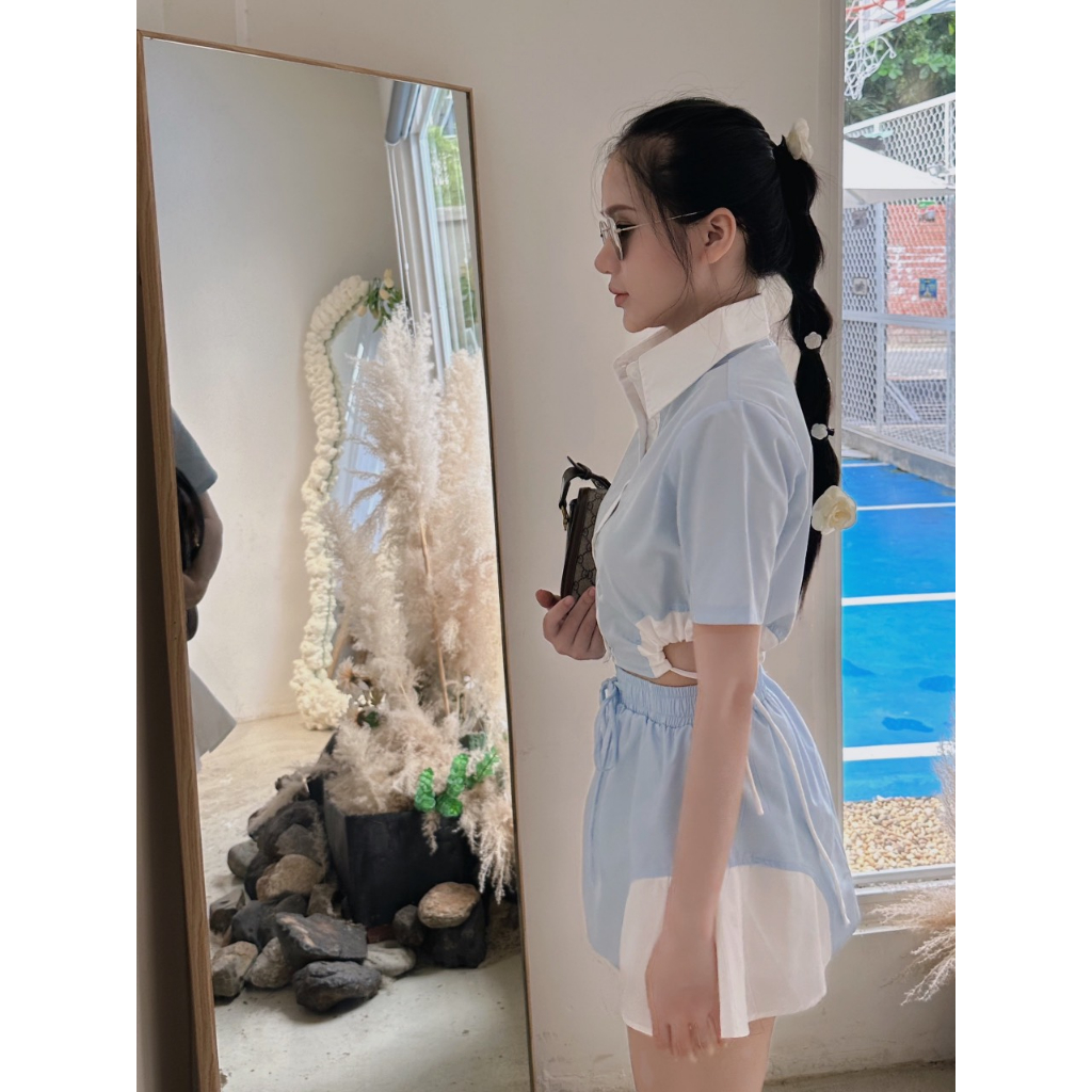 SET ÁO SƠ MI TAY NGẮN CROPTOP XANH PHỐI TRẮNG RÚT KHOÉT EO + CHÂN VÁY LƯNG THUN XANH PHỐI TRẮNG