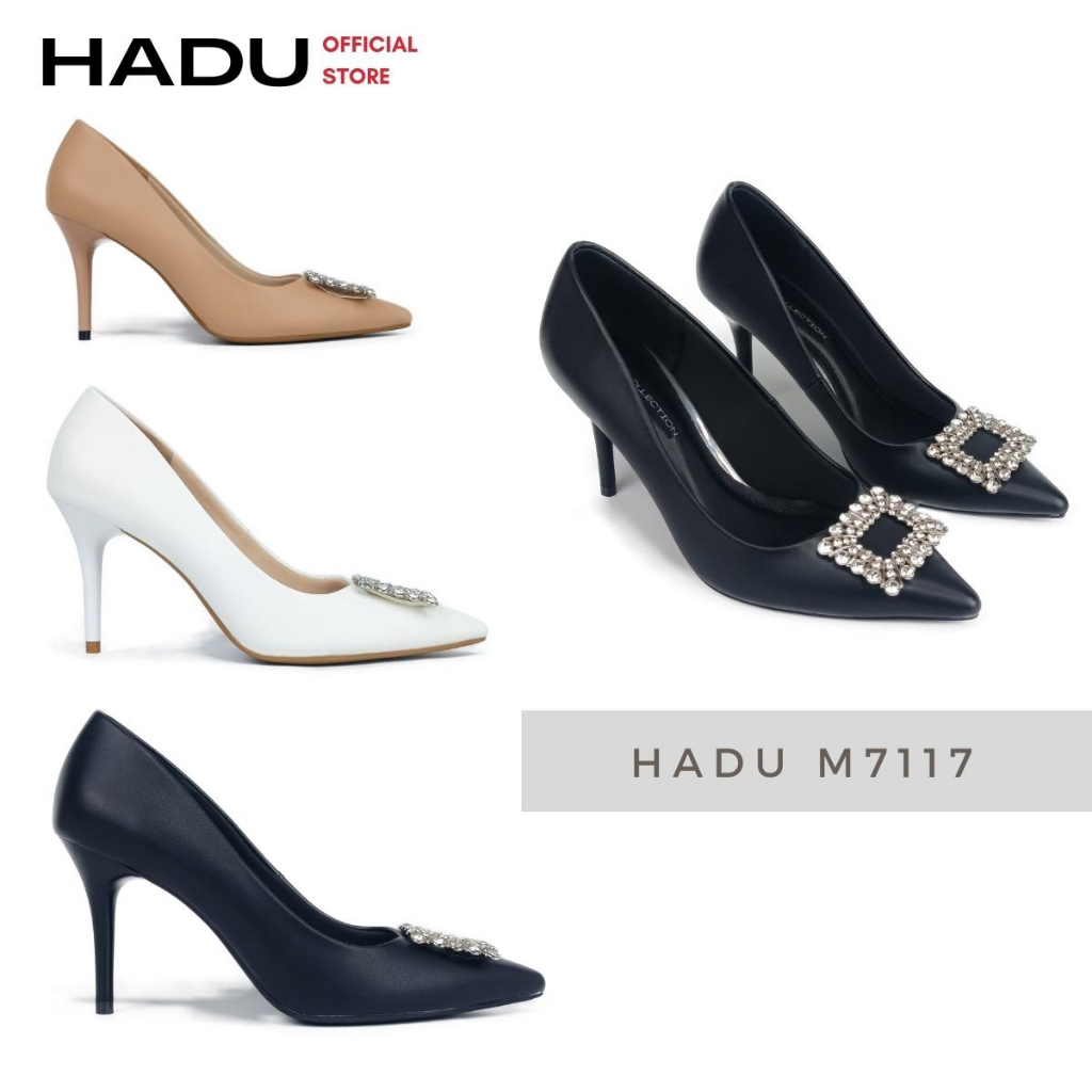 Giày Cao Gót Mũi Nhọn Nơ Kim Loại Đính Đá Gót Đũa 7P MILANKA HADU M7117, Da PU Cao Cấp, BH 24 Tháng