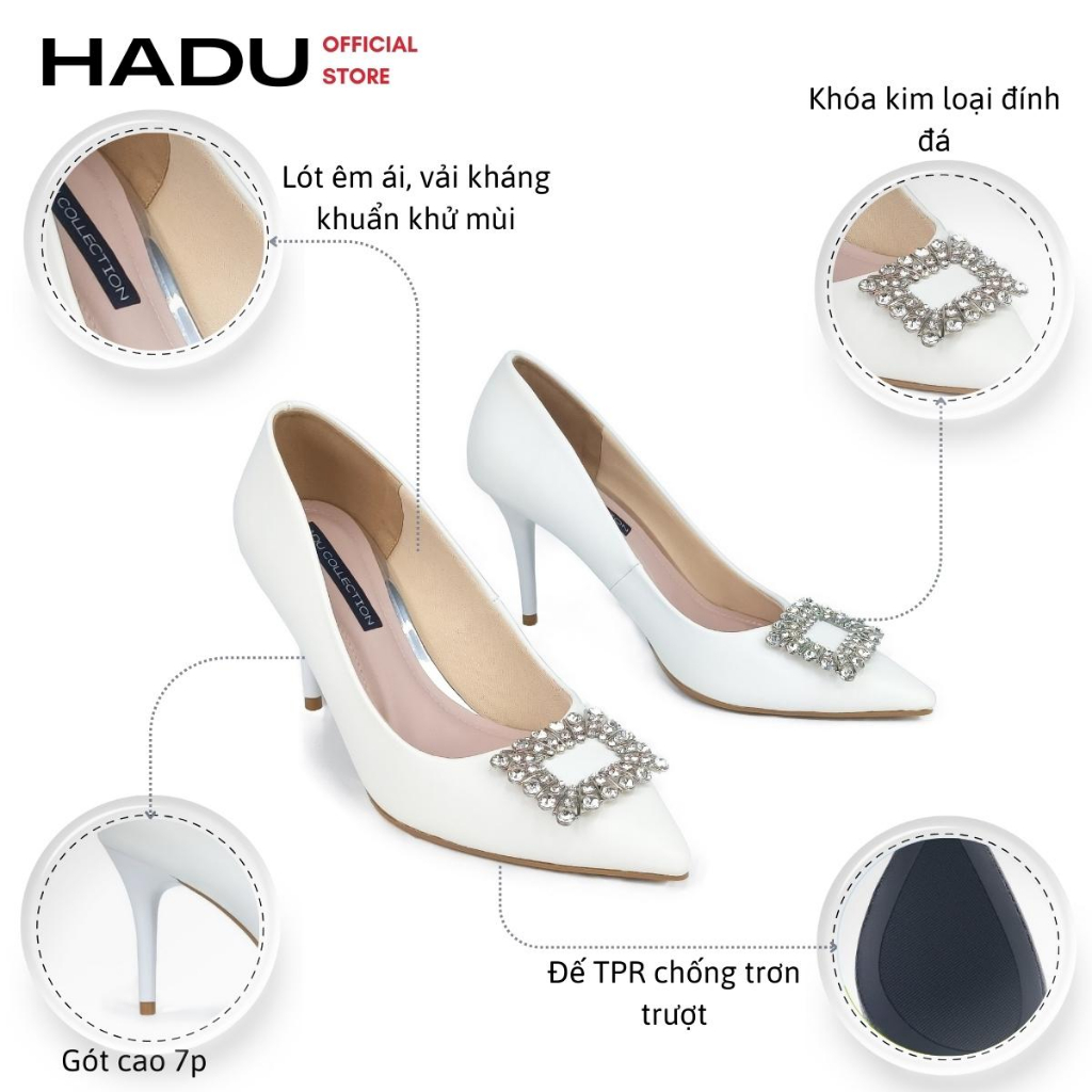Giày Cao Gót Mũi Nhọn Nơ Kim Loại Đính Đá Gót Đũa 7P MILANKA HADU M7117, Da PU Cao Cấp, BH 24 Tháng