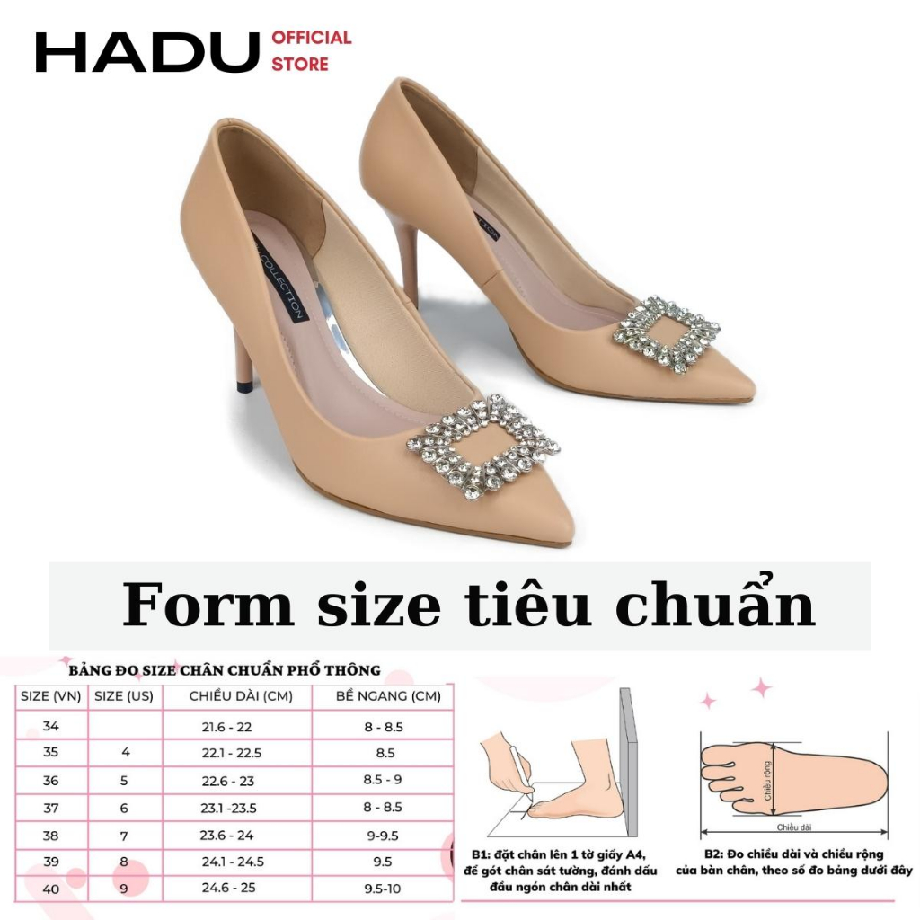 Giày Cao Gót Mũi Nhọn Nơ Kim Loại Đính Đá Gót Đũa 7P MILANKA HADU M7117, Da PU Cao Cấp, BH 24 Tháng