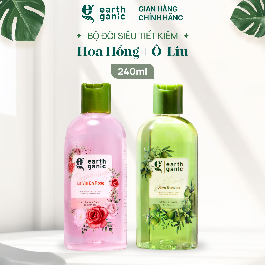 Combo tiết kiệm 240ml - Bộ đôi sữa tắm dưỡng ẩm Earthganic AHA tẩy tế bào chết thơm lâu thành phần thiên nhiên