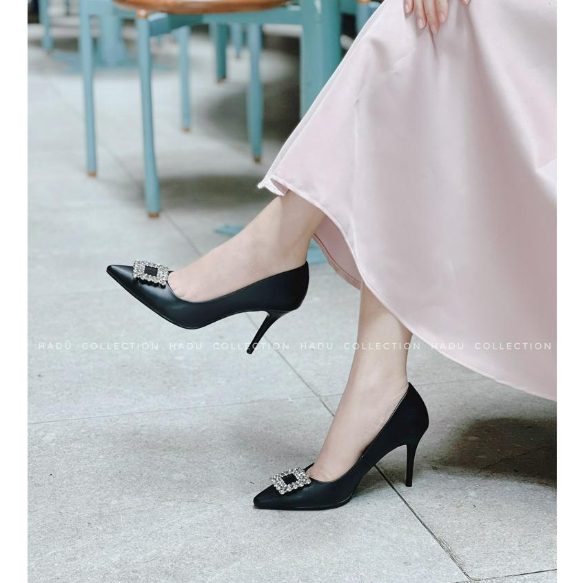 Giày Cao Gót Mũi Nhọn Nơ Kim Loại Đính Đá Gót Đũa 7P MILANKA HADU M7117, Da PU Cao Cấp, BH 24 Tháng