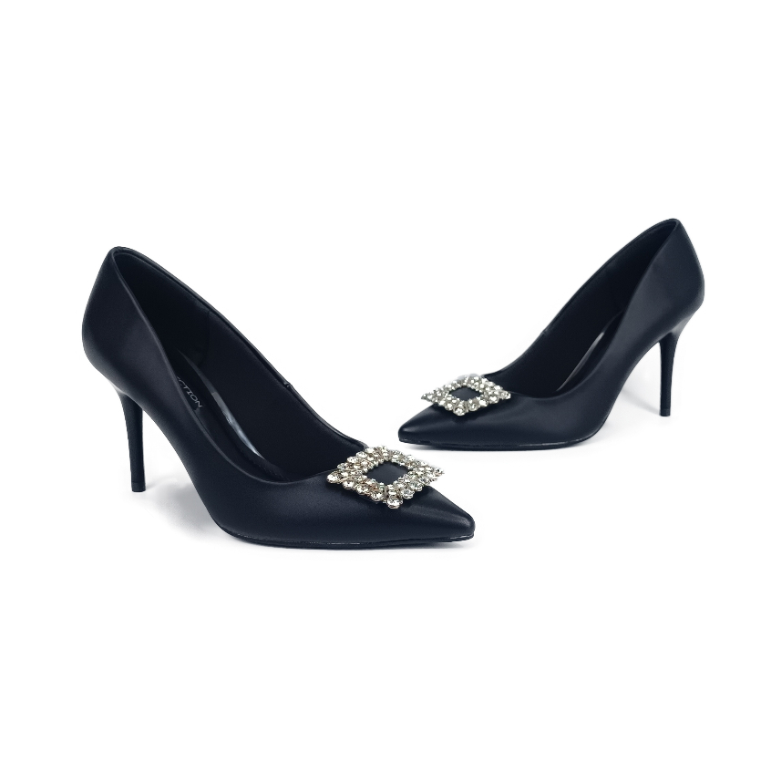 Giày Cao Gót Mũi Nhọn Nơ Kim Loại Đính Đá Gót Đũa 7P MILANKA HADU M7117, Da PU Cao Cấp, BH 24 Tháng