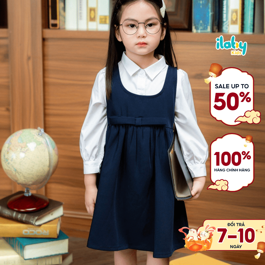 Váy yếm đi học bé gái ILABY phối nơ vuông trước chất liệu thô chéo mềm cho bé 13-32kg