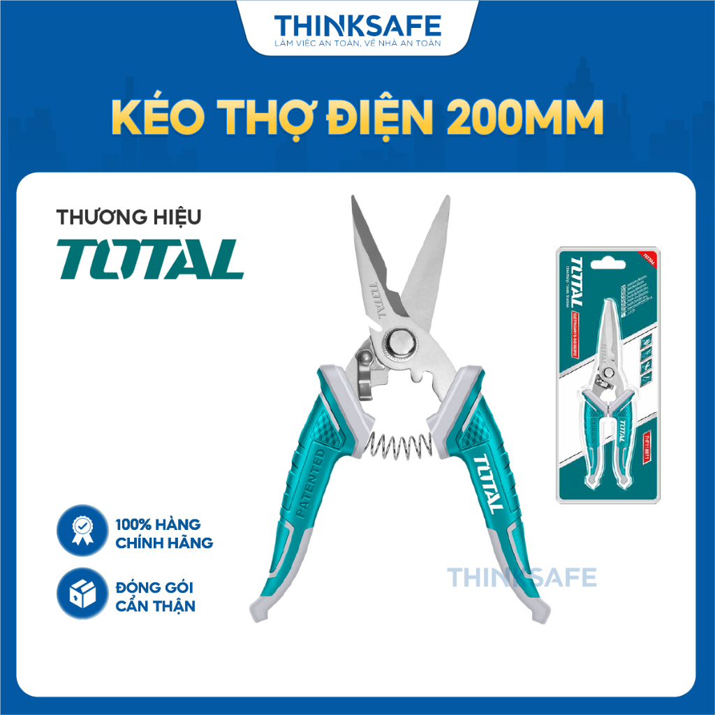 Kéo cắt dây điện Total THT118871 kìm thợ điện 200mm, thép không gỉ, lưỡi kéo có răng, kéo cắt kẽm, cắt cáp - Thinksafe