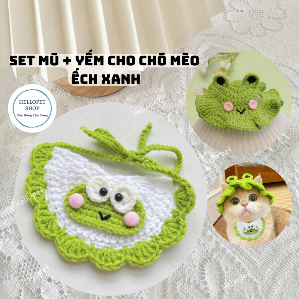 Set mũ len yếm len cho chó mèo, Nón len, vòng cổ len màu xanh lá dễ thương cho thú cưng đủ size cho chó mèo đến 8kg
