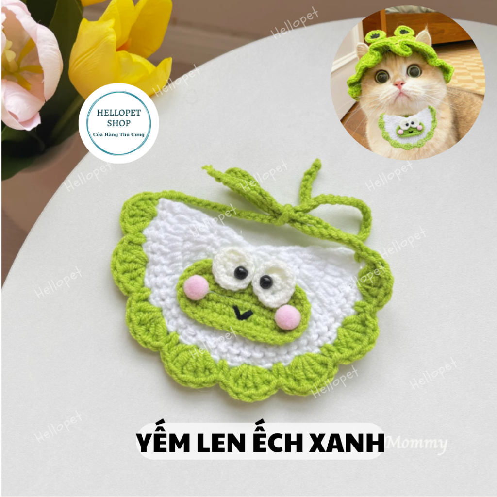 Set mũ len yếm len cho chó mèo, Nón len, vòng cổ len màu xanh lá dễ thương cho thú cưng đủ size cho chó mèo đến 8kg