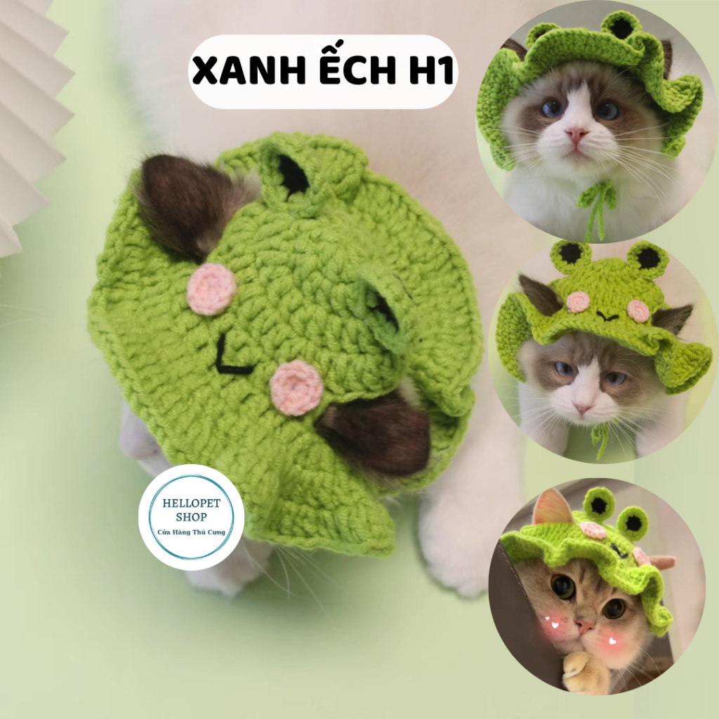 Set mũ len yếm len cho chó mèo, Nón len, vòng cổ len màu xanh lá dễ thương cho thú cưng đủ size cho chó mèo đến 8kg