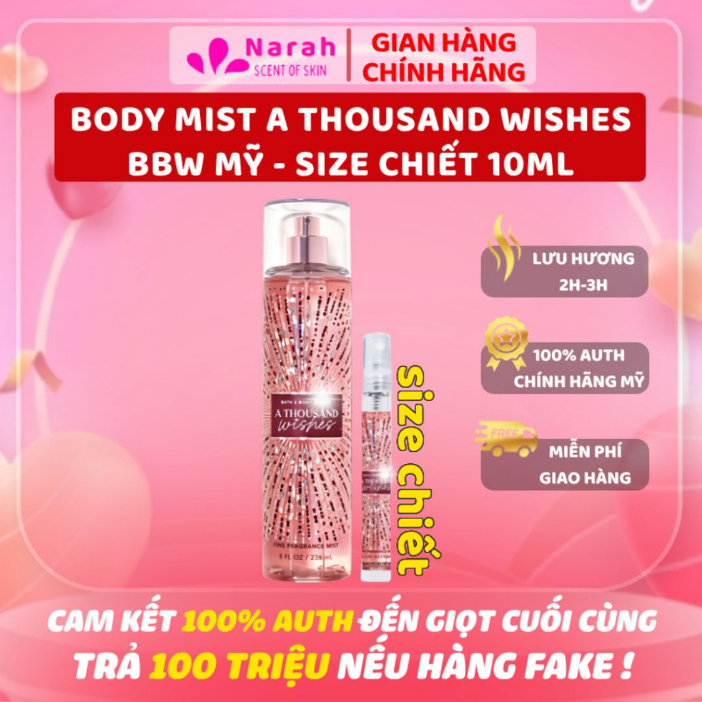 A Thousand Wishes 10ml - Xịt thơm toàn thân body mist 𝐁𝐚𝐭𝐡 𝐀𝐧𝐝 𝐁𝐨𝐝𝐲 𝐖𝐨𝐫𝐤𝐬 A Thousand Wishes size chiết 10ml