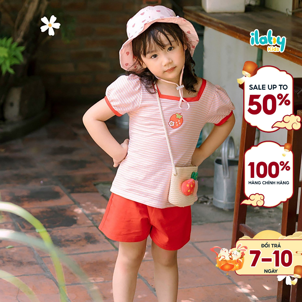 Set đồ bộ cotton bé gái ILABY áo kẻ phối màu chất liệu thun cotton thoáng mát cho bé 10-36kg [50IG1798F3DL]