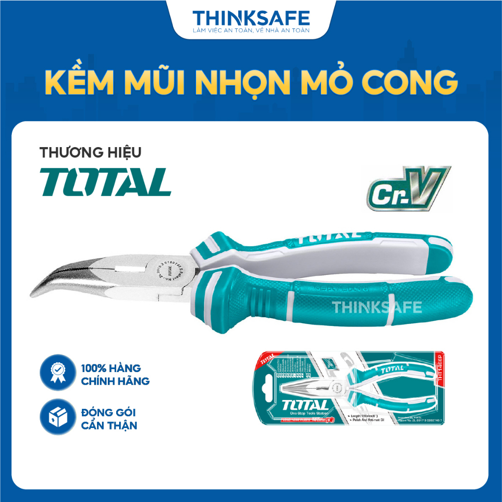 Kìm mỏ nhọn Total THT1466P mũi cong, kích thước 6 inch, thép chống gỉ, Kìm cắt dây điện, Kìm điện chính hãng - Thinksafe