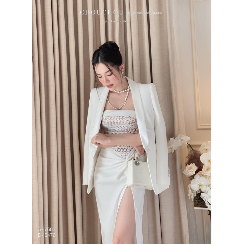 Set 2 món đầm body cúp phối ren cao cấp xoắn eo + khoác vest trắng 🖤