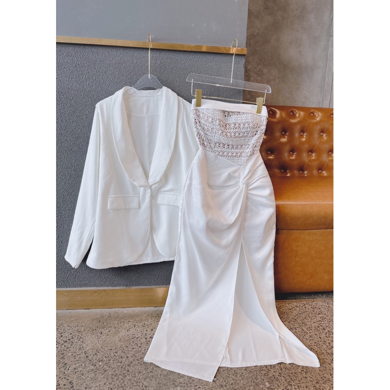 Set 2 món đầm body cúp phối ren cao cấp xoắn eo + khoác vest trắng 🖤