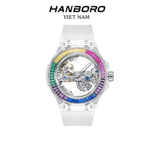 Đồng hồ Hanboro unisex automatic rainbow dây Silicon trắng 42mm chính hãng