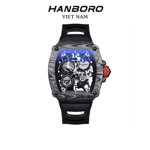 Đồng hồ nam Hanboro automatic dây Silicon vỏ đen vân gỗ 44x48mm chính hãng