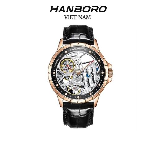 Đồng hồ nam Hanboro automatic dây da đen mặt gold 43mm chính hãng
