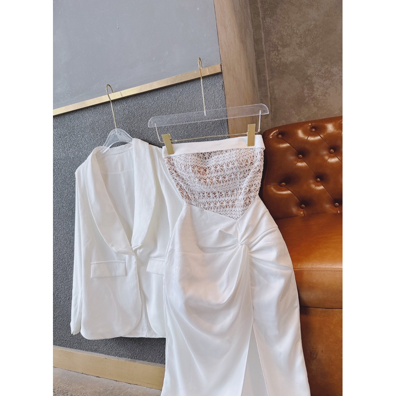 Set 2 món đầm body cúp phối ren cao cấp xoắn eo + khoác vest trắng 🖤