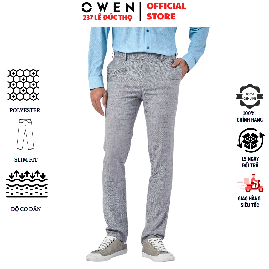 Quần âu nam Owen QST220670 đồ tây công sở chất liệu polyester cao cấp kẻ caro ghi đen form slim fit ống ôm cạp tăng đơ