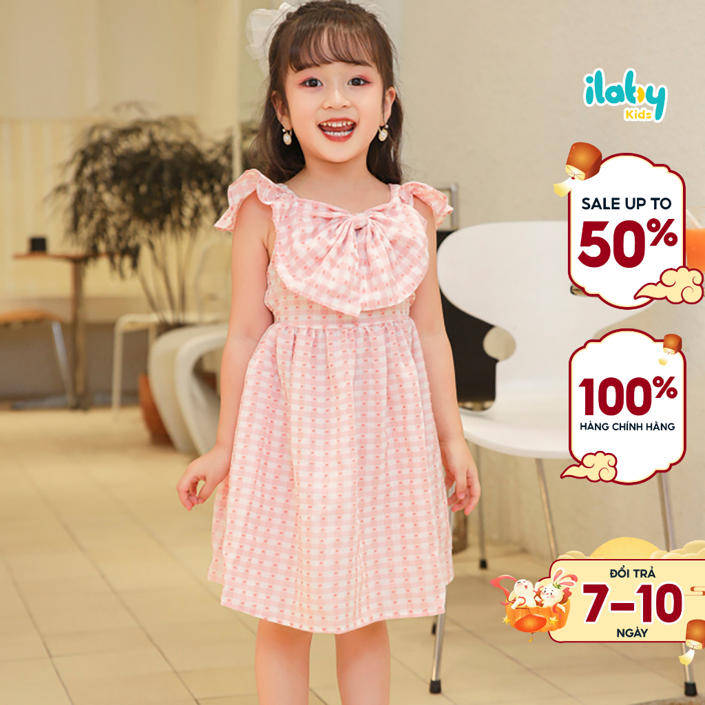 Đầm hai dây bé gái ILABY nơ ngực chất liệu thô kẻ mềm mại thấm hút mồ hôi cho bé 2-11 tuổi [10IG1633C3FT]