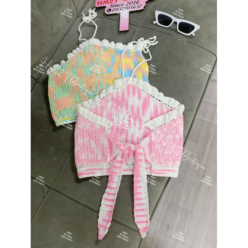 Thera crochet-Áo yếm croptop len bèo nơ nữ tính Hm2tboutique