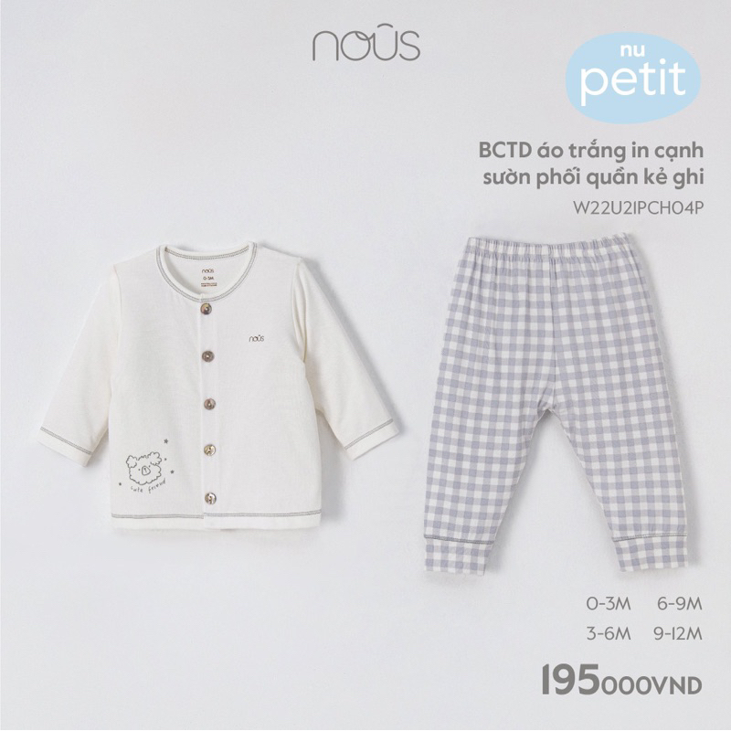 Bộ quần áo dài tay cài thẳng cho bé 0-12M Nous chất liệu petit các màu