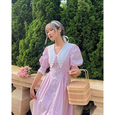 Váy xoè vintage cổ thuỷ thủ The Country Daydream Pink Dress vải cotton phối hoa