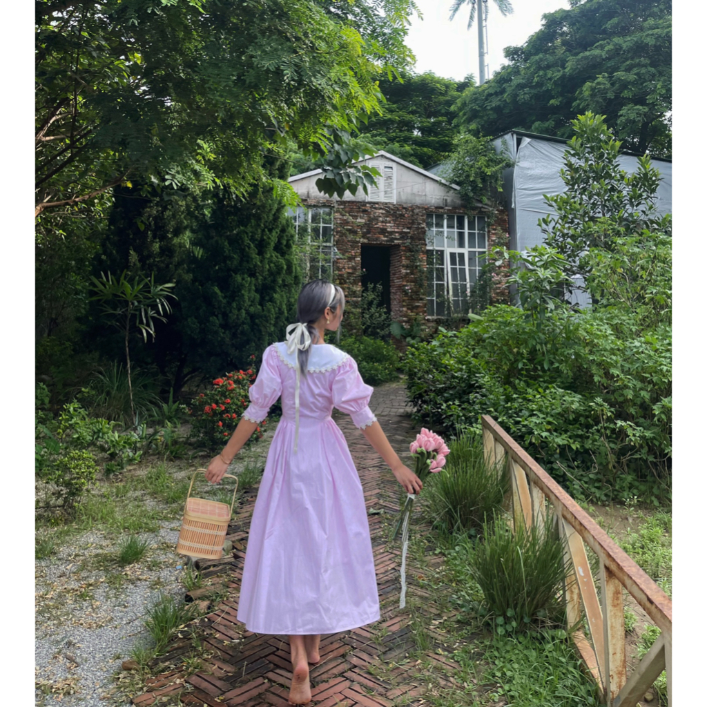 Váy xoè vintage cổ thuỷ thủ The Country Daydream Pink Dress vải cotton phối hoa