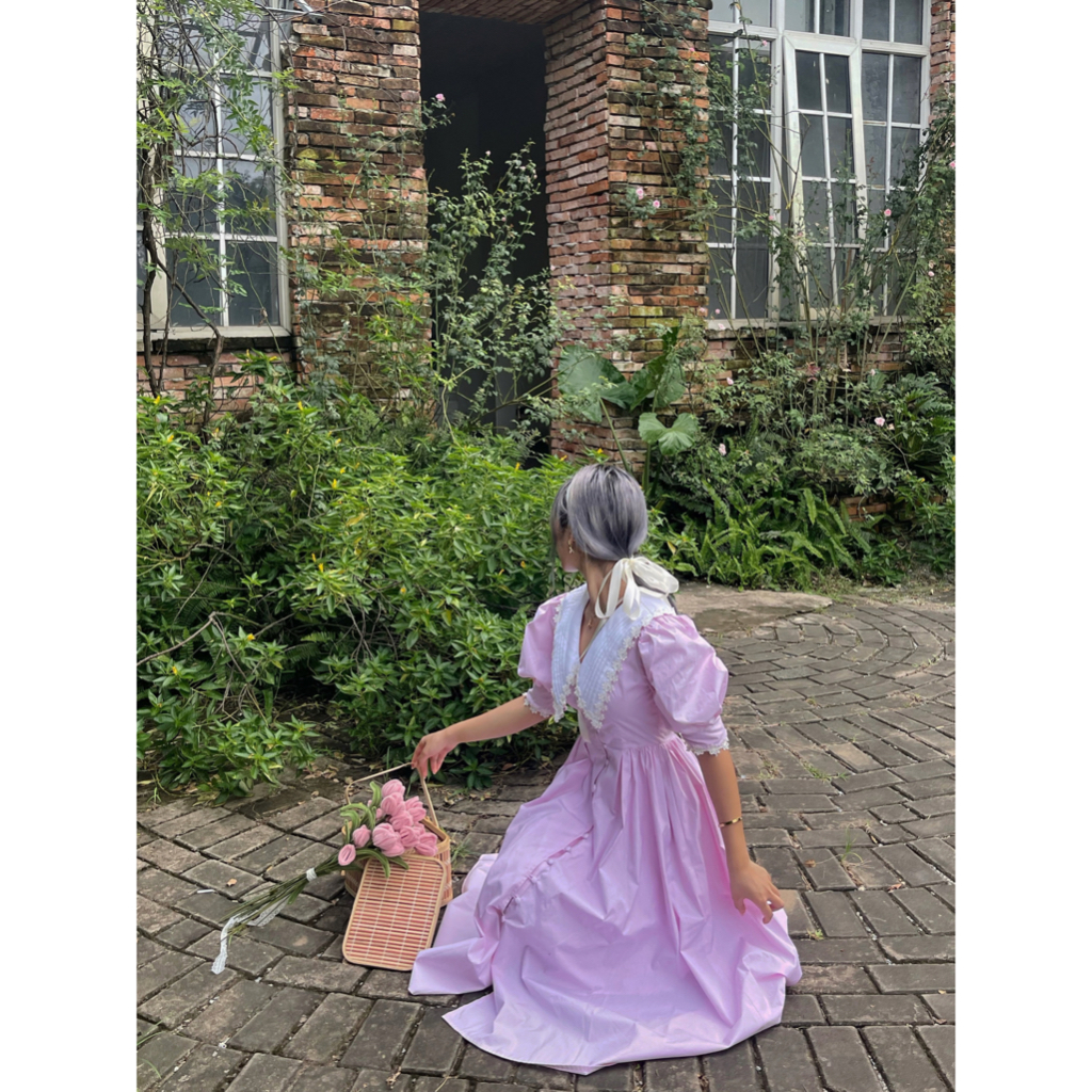 Váy xoè vintage cổ thuỷ thủ The Country Daydream Pink Dress vải cotton phối hoa