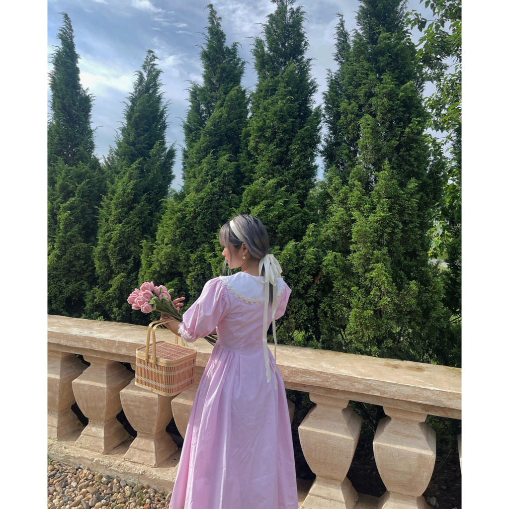 Váy xoè vintage cổ thuỷ thủ The Country Daydream Pink Dress vải cotton phối hoa