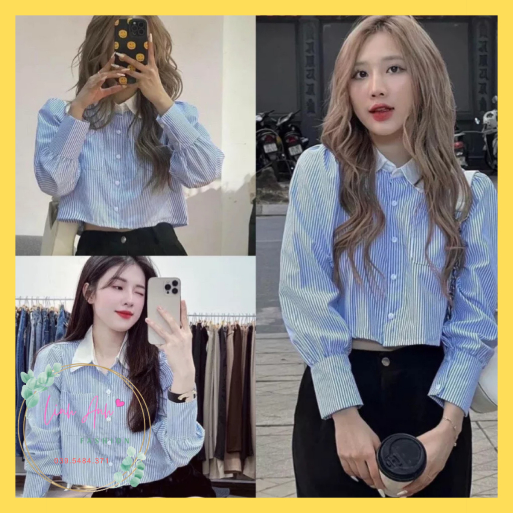 Áo sơ mi Croptop kẻ sọc xanh cổ trắng có túi trước - Vải Lụa mềm - mặc đi học đi chơi đi tiệc