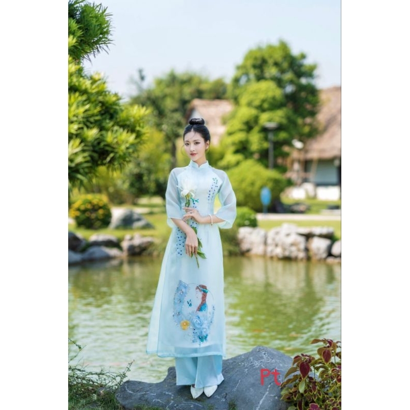 Áo dài cao cấp tơ oganza 4 tà đẹp hoa nổi đính kết cao cấp hàng thiết kế