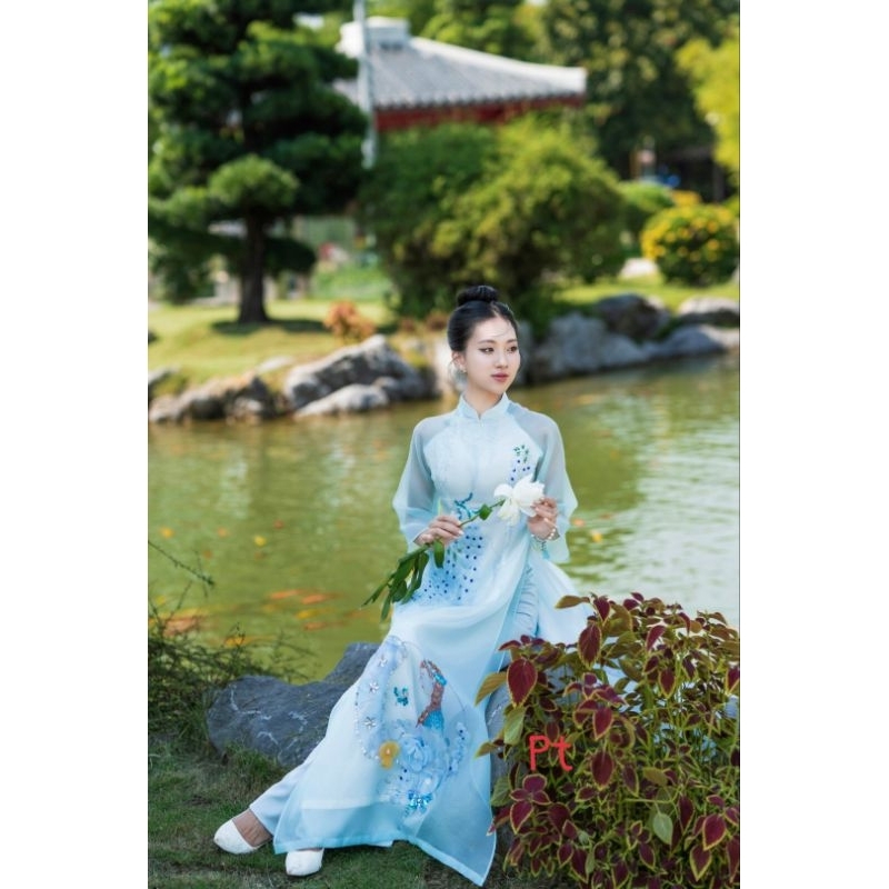 Áo dài cao cấp tơ oganza 4 tà đẹp hoa nổi đính kết cao cấp hàng thiết kế