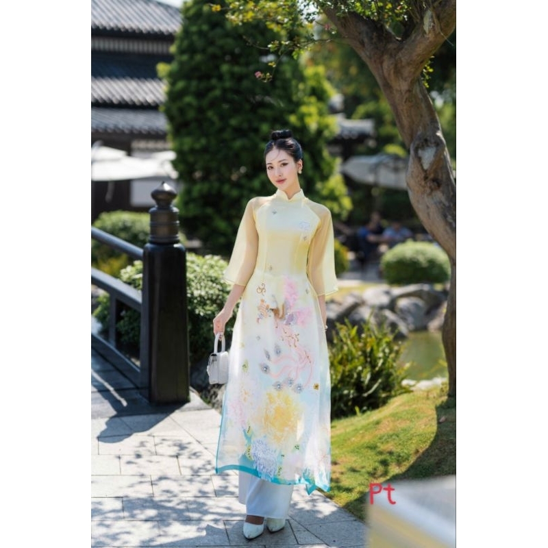 Áo dài cao cấp tơ oganza 4 tà đẹp hoa nổi đính kết cao cấp hàng thiết kế