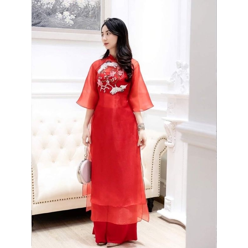 Áo dài cao cấp tơ oganza 4 tà đẹp hoa nổi đính kết cao cấp hàng thiết kế