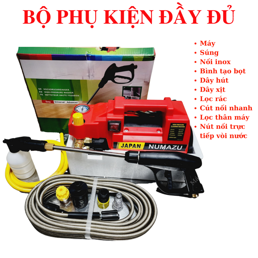 Máy rửa xe áp lực cao Numazu - công suất 3800W - Có chỉnh áp - Máy xịt rửa xe gia đình tặng kèm bình tạo bọt tuyết