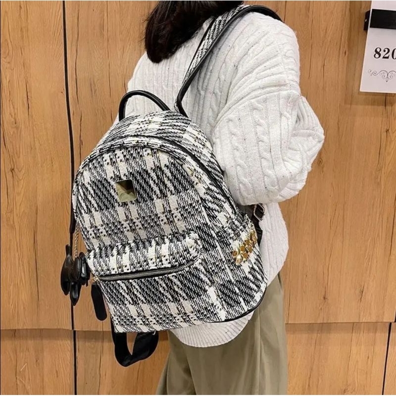 Balo vải dạ kẻ kèm móc cún size 40 đi học đi chơi