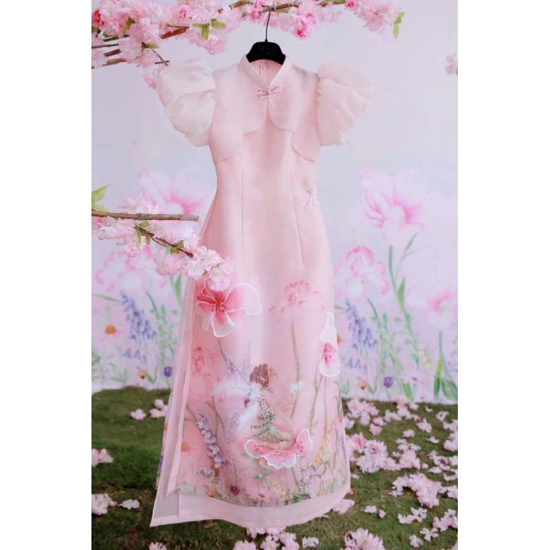 Áo dài cao cấp tơ oganza 4 tà đẹp hoa nổi đính kết cao cấp hàng thiết kế